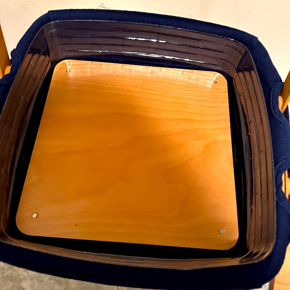 Longaberger basket: sewing kit /cupcakes :shelf , blue fabric: plastic liner